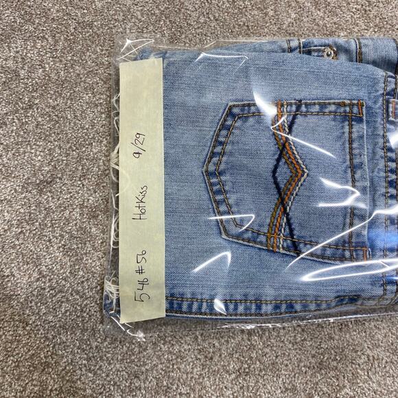 Y2K 00s Vtg Distress Hot Kiss Denim Mini Skirt 9 Frayed Hem Embroidered Low rise - Picture 12 of 12